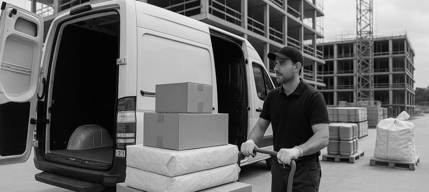 Logbutlers Transport Weißer Lkw steht eng an einer Wand neben einem Müllbehälter.